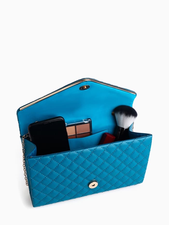 Сумка-клатч женская на магните, на длинной цепочке, со стёжкой, синяя