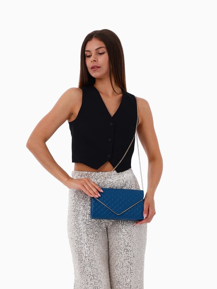 Сумка-клатч женская на магните, на длинной цепочке, со стёжкой, синяя