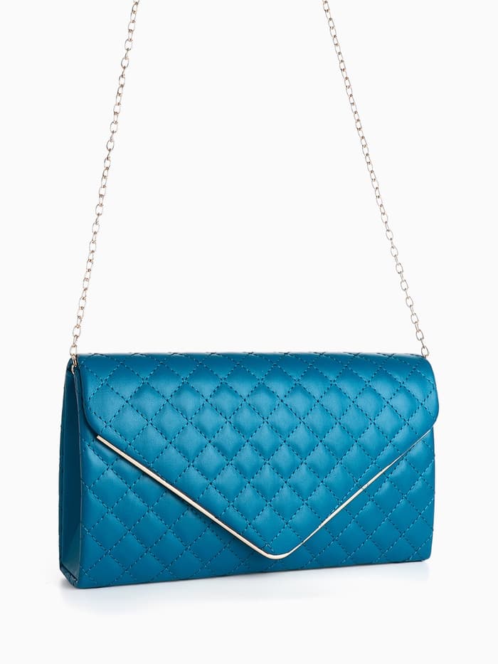 Сумка-клатч женская на магните, на длинной цепочке, со стёжкой, синяя