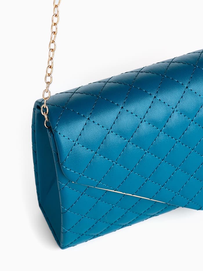 Сумка-клатч женская на магните, на длинной цепочке, со стёжкой, синяя