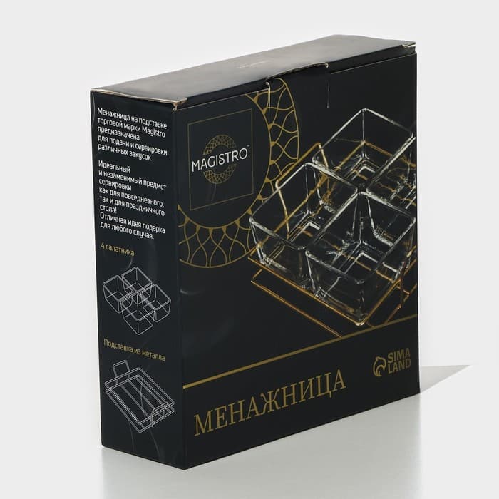 Менажница Magistro «Званый прием», 4 секции, 250 мл, 21.5×19×6 см, стекло, прозрачная, золотистая