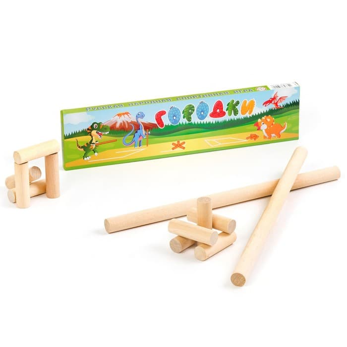 Игра городки «Время игры. Динозавры», биты 2 шт. 49×2.5 см, городки 10 шт. 9×2.5 см