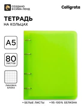 Тетрадь на кольцах Calligrata A5, 80 листов, в клетку, пластиковая обложка, блок офсет, салатовая