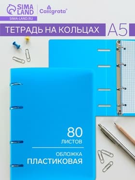 Тетрадь на кольцах Calligrata A5, 80 листов, в клетку, пластиковая обложка, блок офсет, голубая
