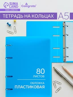 Тетрадь на кольцах Calligrata A5, 80 листов, в клетку, пластиковая обложка, блок офсет, голубая