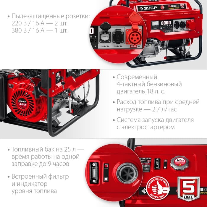 Бензиновый генератор ЗУБР СБ-8000Е-3, 4Т, 8000 Вт, 18 л.с., 2×220 В/380 В, электро пуск