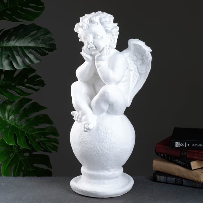 Фигура гипс «Ангел на шаре», большой белый, 26×27×64 см
