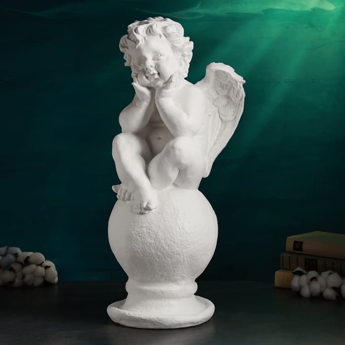 Фигура гипс «Ангел на шаре», большой белый, 26×27×64 см