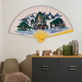 Веер большой складной «Зелёные горы», настенный декор, белый, бамбук, текстиль, h=90 см
