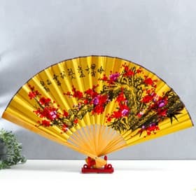 Веер большой складной «Сакура», настенный декор, жёлтый, бамбук, текстиль, h=50 см