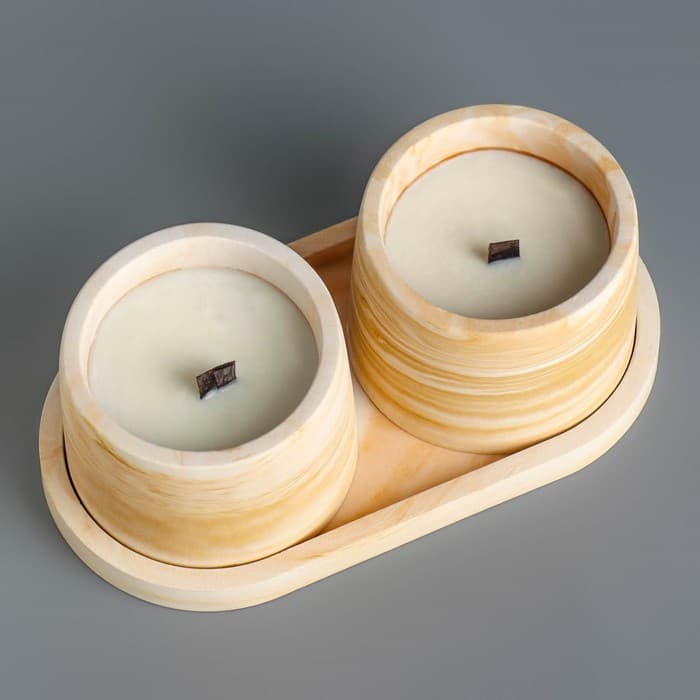 Набор свечей в подсвечнике на подставке «Лофт», соевый воск, деревянный фитиль, бело-горчичная