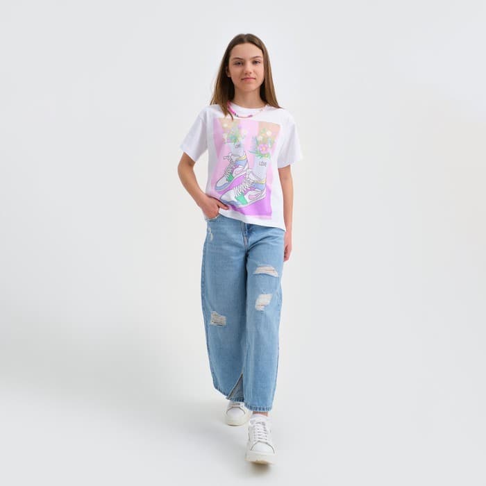 Футболка для девочки KAFTAN: Selfie, белая, размер 40 (158-164 см)