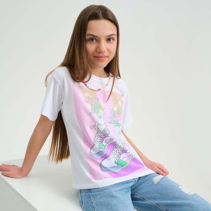 Футболка для девочки KAFTAN: Selfie, белая, размер 40 (158-164 см)
