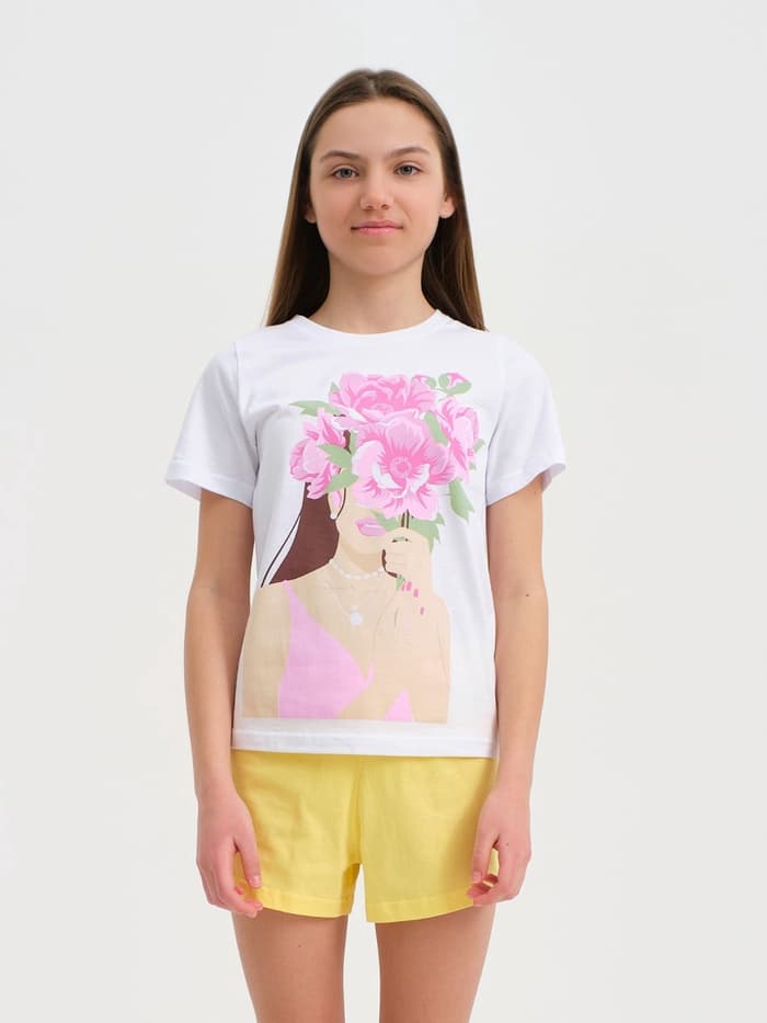 Пижама для девочки (футболка и шорты) KAFTAN: Selfie, размер 38 (1146-152 см), бело-жёлтая