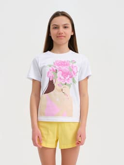 Пижама для девочки (футболка и шорты) KAFTAN: Selfie, размер 38 (1146-152 см), бело-жёлтая