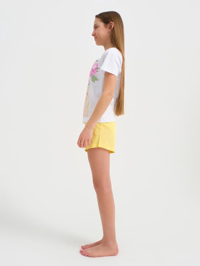 Пижама для девочки (футболка и шорты) KAFTAN: Selfie, размер 38 (1146-152 см), бело-жёлтая