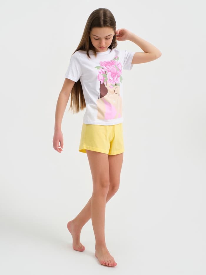 Пижама для девочки (футболка и шорты) KAFTAN: Selfie, размер 38 (1146-152 см), бело-жёлтая