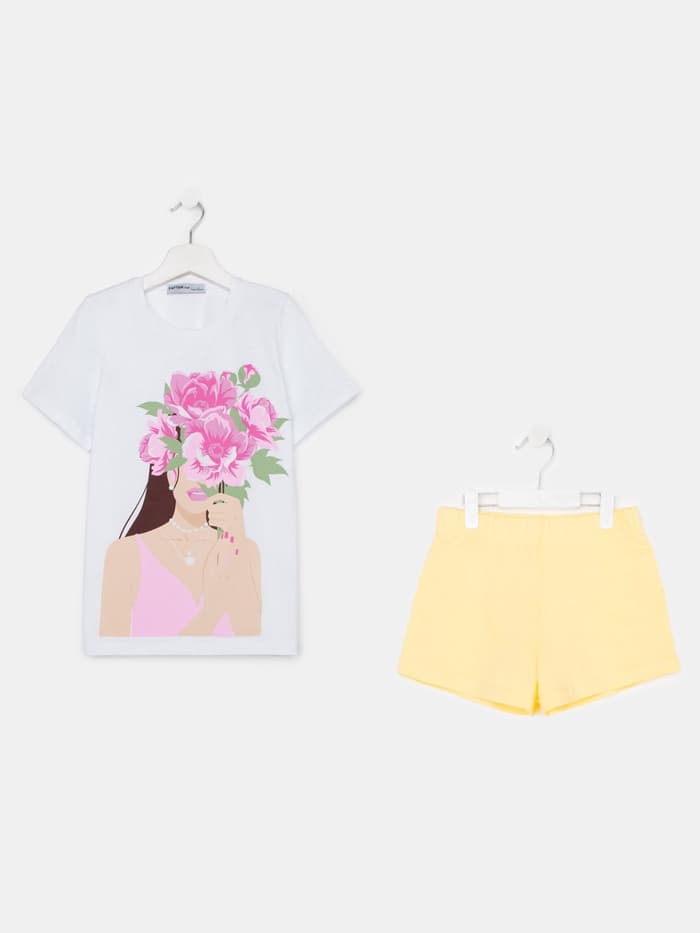 Пижама для девочки (футболка и шорты) KAFTAN: Selfie, размер 38 (1146-152 см), бело-жёлтая