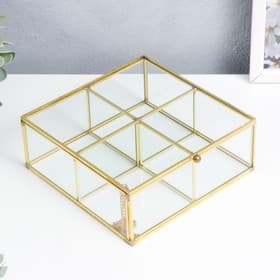 Шкатулка для украшений с делениями «Квадрат с гранями», стекло с металлическим каркасом, 7×16×16 см