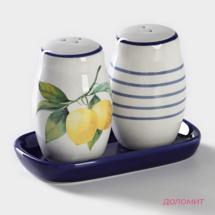 Набор для специй Доляна «Лимон», солонка, перечница 130 мл, доломит, белый, синий