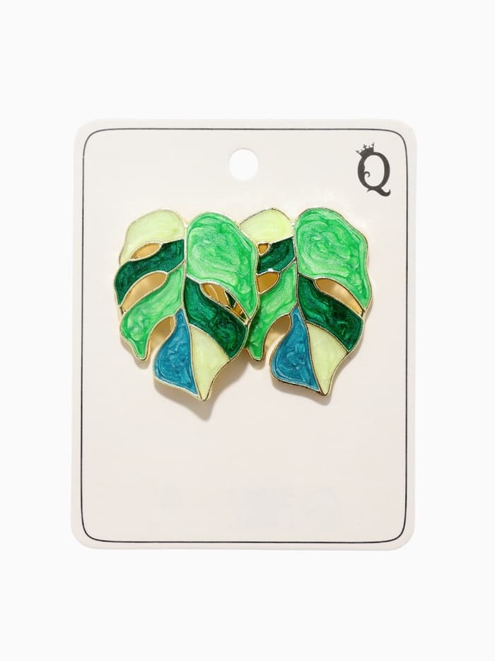 Серьги с эмалью «Листья» монстеры, цвет зелёный в золоте