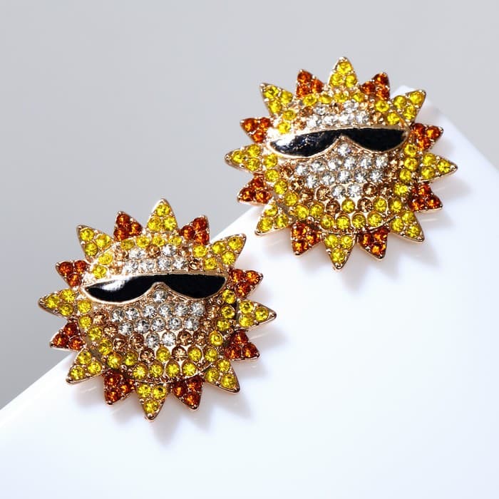 Серьги со стразами «Солнце», в очках, чёрно-жёлтые в золоте