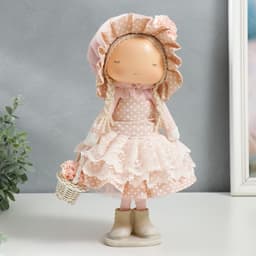 Интерьерная кукла текстильная «Малышка в чепчике и платье в горох, с корзиной цветов», 36×14×16 см