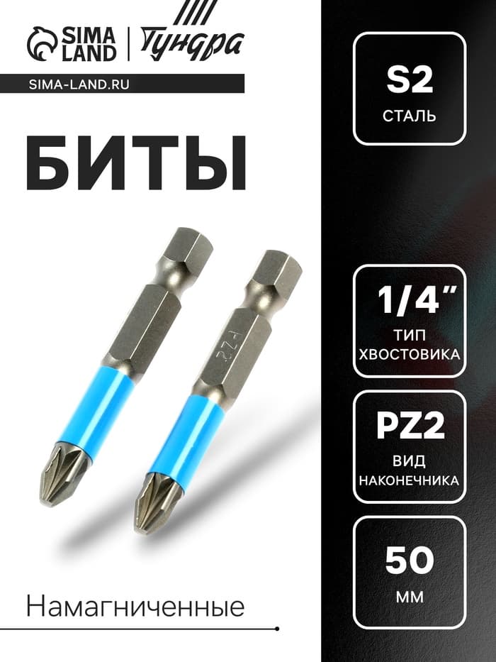 Биты ТУНДРА, намагниченные, сталь S2, PZ2×50 мм, 2 шт.