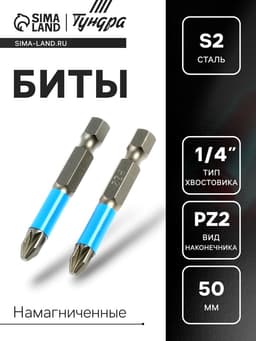 Биты ТУНДРА, намагниченные, сталь S2, PZ2×50 мм, 2 шт.
