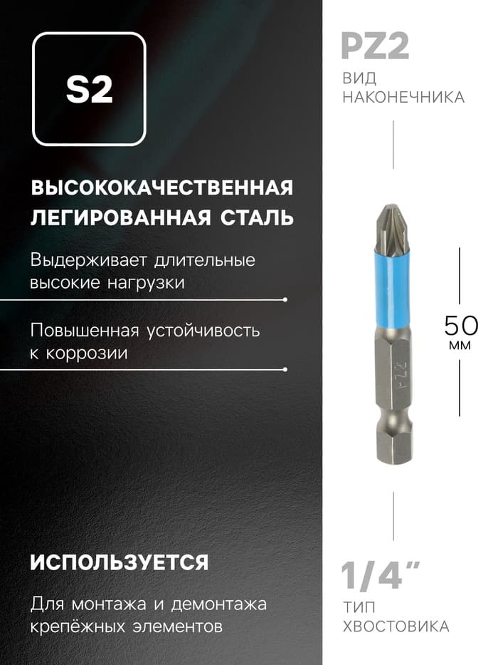 Биты ТУНДРА, намагниченные, сталь S2, PZ2×50 мм, 2 шт.
