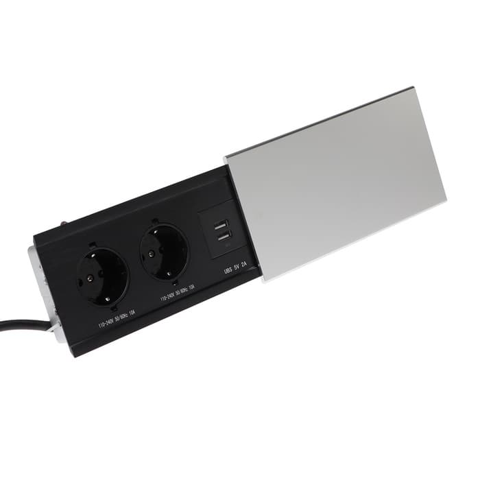 Блок розеточный в стол, сдвижная крышка, 10 А, 2 розетки, 2xUSB, 2A, провод 1.8 м, серебристый