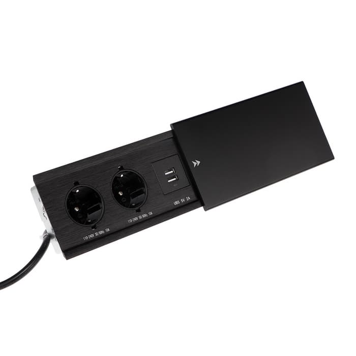 Блок розеточный в стол, сдвижная крышка, 10 А, 2 розетки, 2xUSB, 2A, провод 1.8 м, чёрный