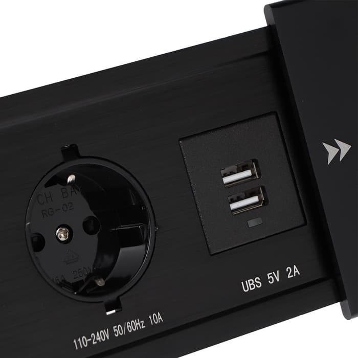 Блок розеточный в стол, сдвижная крышка, 10 А, 2 розетки, 2xUSB, 2A, провод 1.8 м, чёрный