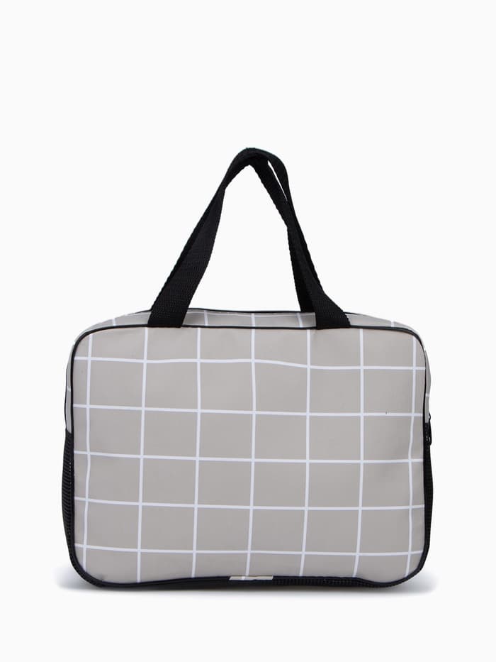 Косметичка-сумка на молнии, с ручками, с сеткой, большая, в клетку, бежевая