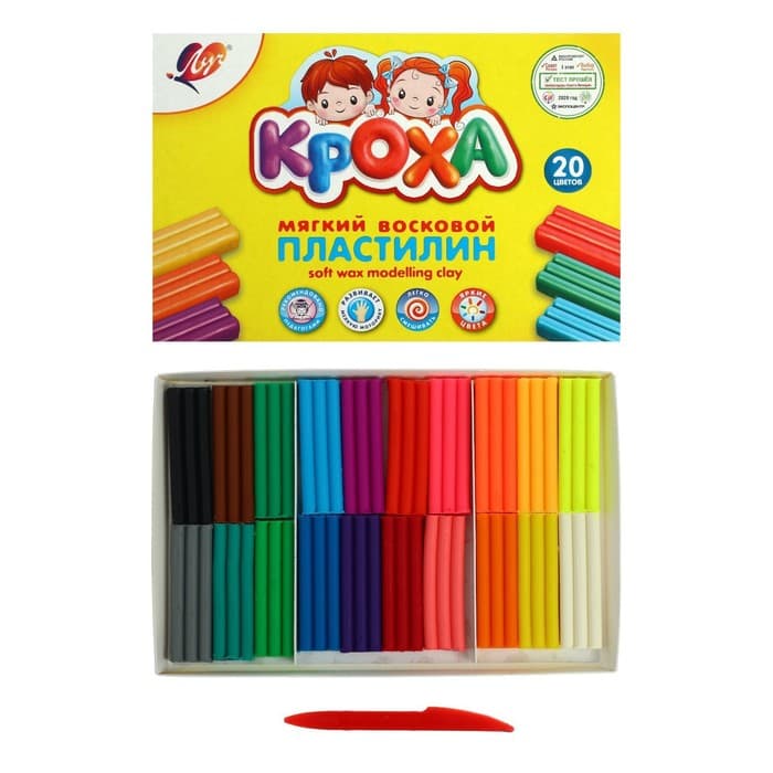 Пластилин мягкий (восковой) «Луч. Кроха», 20 цветов, 300 г, со стеком