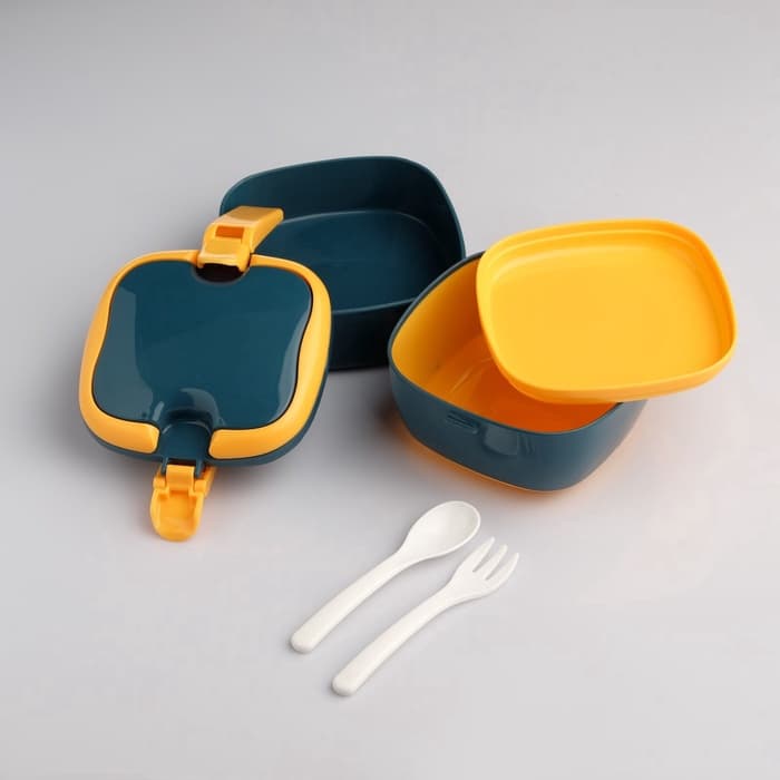 Ланч - бокс в школу TAKE IT EASY, 800 мл, с приборами, 2 уровня, 17×14.5×14 см, пластик, синий