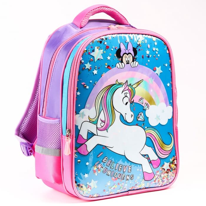 Рюкзак школьный для девочки, розовый, 39 см × 30 см × 14 см, Минни Маус и единорог