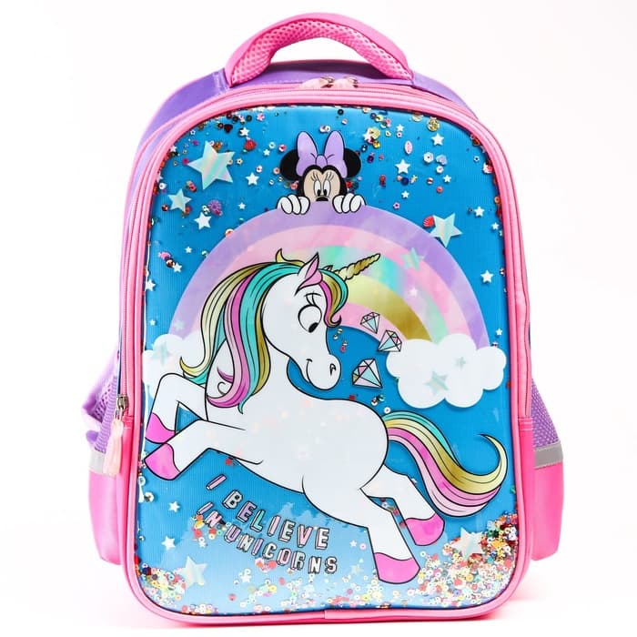 Рюкзак школьный для девочки, розовый, 39 см × 30 см × 14 см, Минни Маус и единорог
