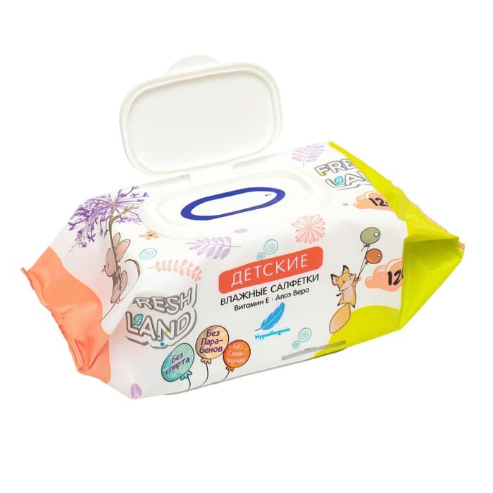 Влажные салфетки для детей Freshland с алоэ вера и витамином Е,120 шт.