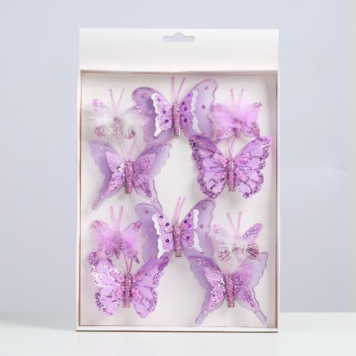 Бабочки для декора и флористики, на прищепке, пластиковые, фиолетовые, МИКС, 5 см и 8 см