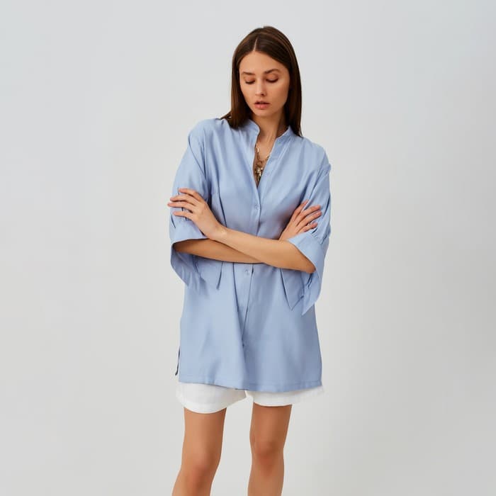 Блузка женская MINAKU: Casual collection с коротким рукавом, размер 46, голубая