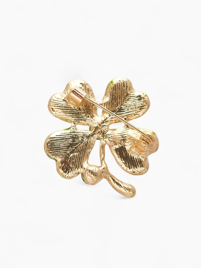 Брошь «Клевер», четырёхлистный со стразой, бело-зелёная в золоте