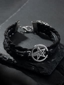 Браслет кожаный «Пентаграмма. Защита», L=17 см, чёрный в серебре