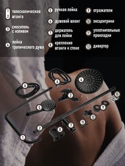 Душевая система ZEIN ZS-3F, смеситель, тропическая и ручная лейка 3 режима, латунь, черный