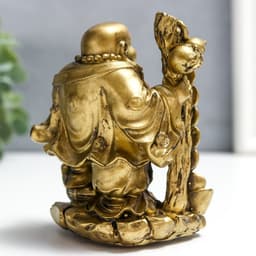 Нэцкэ фигурка «Хотей с посохом, слитком, монетами, хулу», полистоун, под бронзу, 11×6×7.5 см
