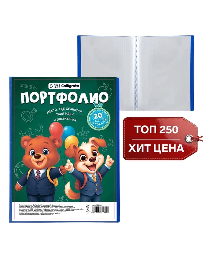 Папка-портфолио А4 Calligrata, пластиковая, с 20 вкладышами, МИКС
