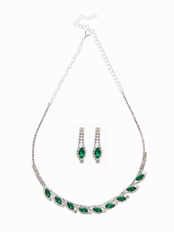 Набор 2 предмета: серьги, колье «Листопад», утончённый ромб, цвет бело-изумрудный в серебре, 32 см