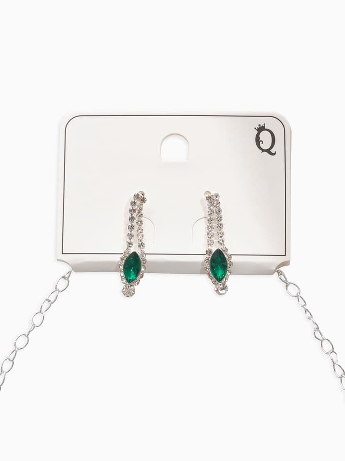 Набор 2 предмета: серьги, колье «Листопад», утончённый ромб, цвет бело-изумрудный в серебре, 32 см
