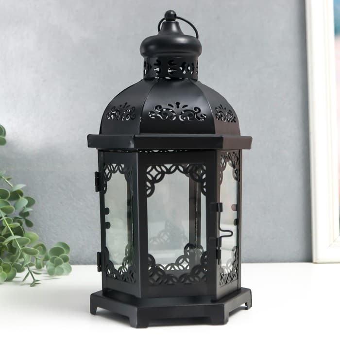 Металлический подсвечник-фонарь на 1 свечу «Цветущие вензеля», стекло, d=10 см, чёрный, 13.5×15×29 см