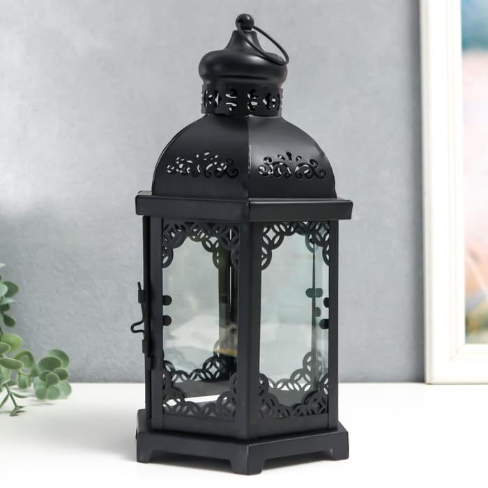 Металлический подсвечник-фонарь на 1 свечу «Цветущие вензеля», стекло, d=10 см, чёрный, 13.5×15×29 см